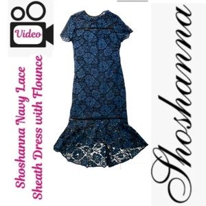 COPY - Shoshanna Navy  Lace Sheath Dress With Flounce